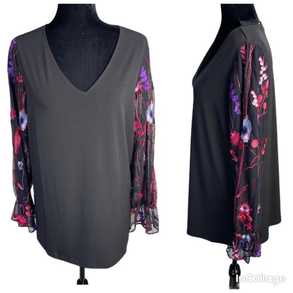 Susan Graver black sheer embroidered sleeve v-neck side slit blouse top size M - Picture 1 of 15